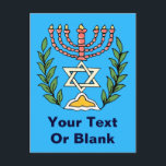 Persisk Magen David-menorah Vykort<br><div class="desc">Denna bild är anpassad från en gammal persisk judisk kakel och har en menorah med en Magen David (Davidstjärna) omgiven av olivkvistar. Originalbildens brister, handmålade, har bevarats.</div>
