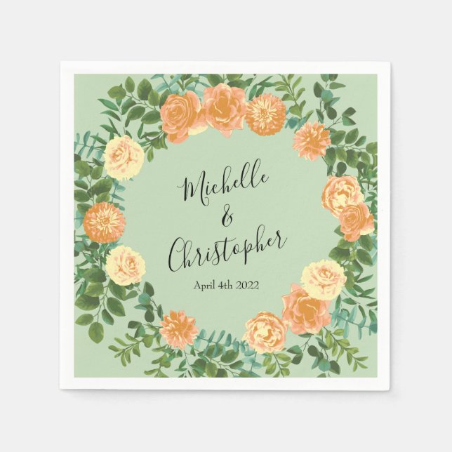 Persiska & Ljust grönt Peony & Ro Blommigt Bröllop Pappersservett (Framsidan)