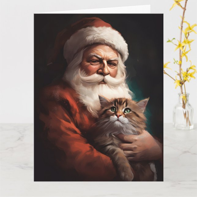Persiskt katt med Jultomten i julafton Kort (Gul blomma)