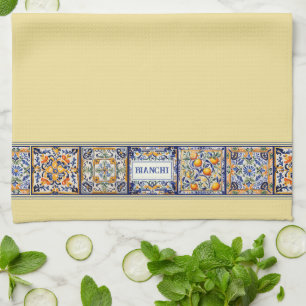 Persnalised Namn Blue & Gult Mediterranean Tile Kökshandduk
