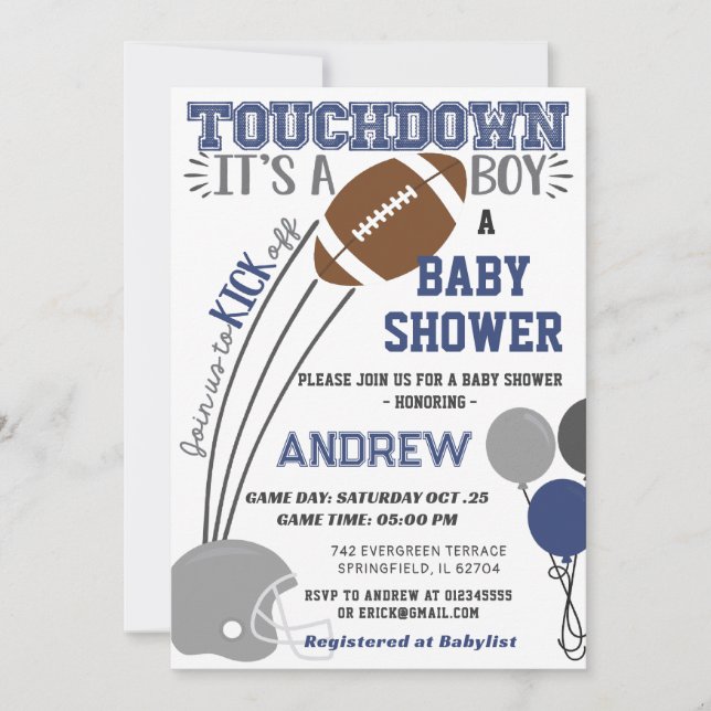 Persoanal Touchdown Navy Blue Fotboll Baby Shower Inbjudningar (Framsida)