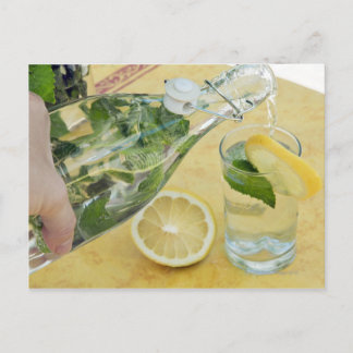Person som häller vatten (mint-fylld) i ett glas vykort