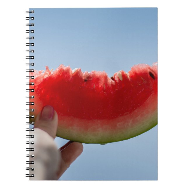 Person som innehar segmenterad vattenmelon anteckningsbok (Framsidan)