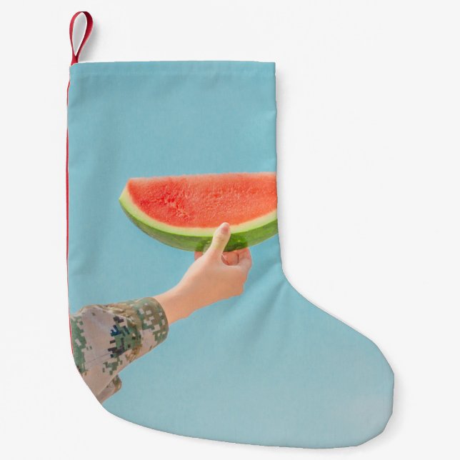 Person som innehar segmenterad vattenmelon liten julstrumpa (Framsidan)