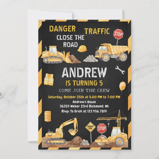 Personal A Modern Construction Birthday Party Inbjudningar (Framsida)