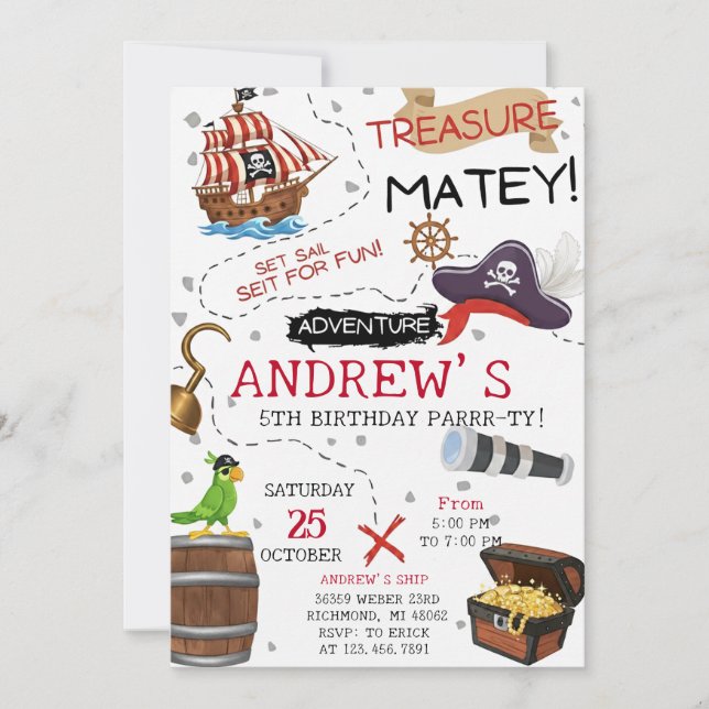 Personal Ahoy Mateys Pirate Ship Birthday Party Inbjudningar (Framsida)