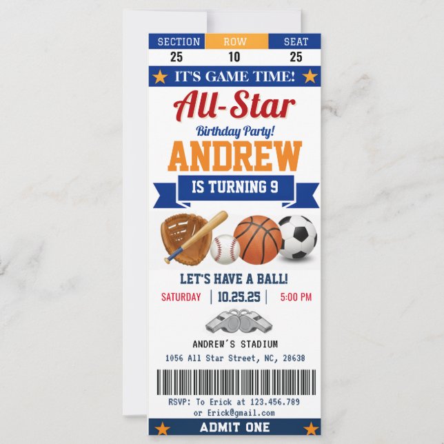 Personal All Star Sport Birthday Ticket for kid Inbjudningar (Framsida)