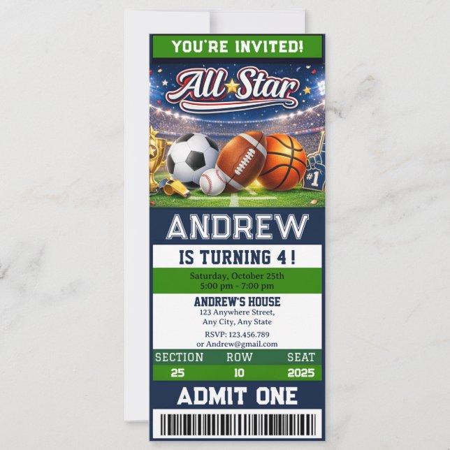 Personal All Star Sports Ticket Birthday Inbjudningar (Framsida)