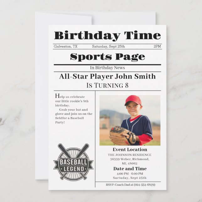 Personal Baseball Birthday Invitation With Photo Inbjudningar (Framsida)