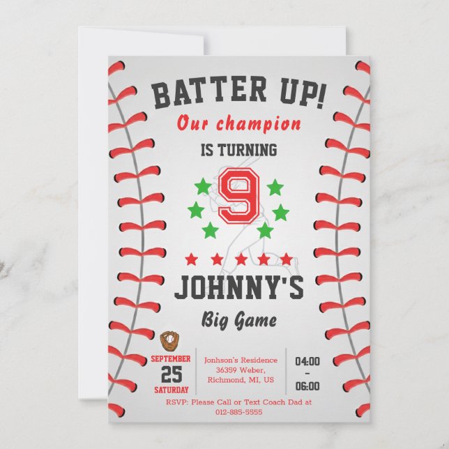 Personal Baseball Birthday Party Invitation Inbjudningar (Framsida)
