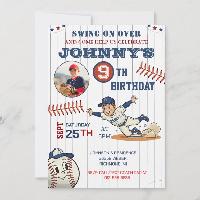 Personal Baseball Birthday with Photo Inbjudningar (Framsida)