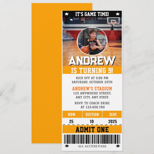 Personal Basketball Ticket with Photo Inbjudningar (Fram/baksida)
