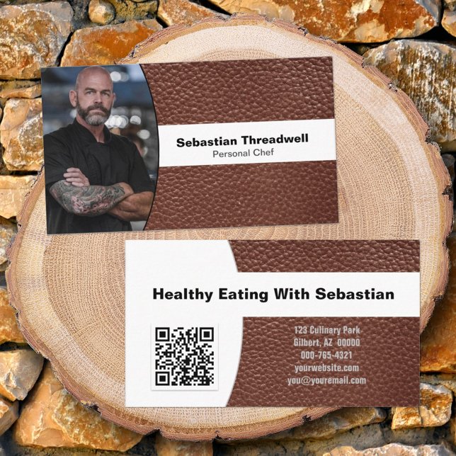 Personal Chef Anpassningsbar Photo Brown Leather Q Visitkort (front and back of double-sided business card)