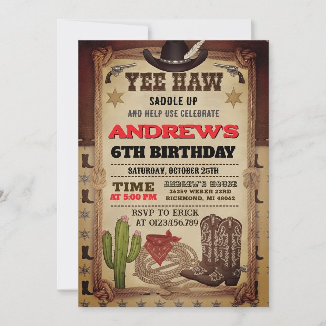 Personal Cowboy Hat and Lasso Wild West Birthday Inbjudningar (Framsida)