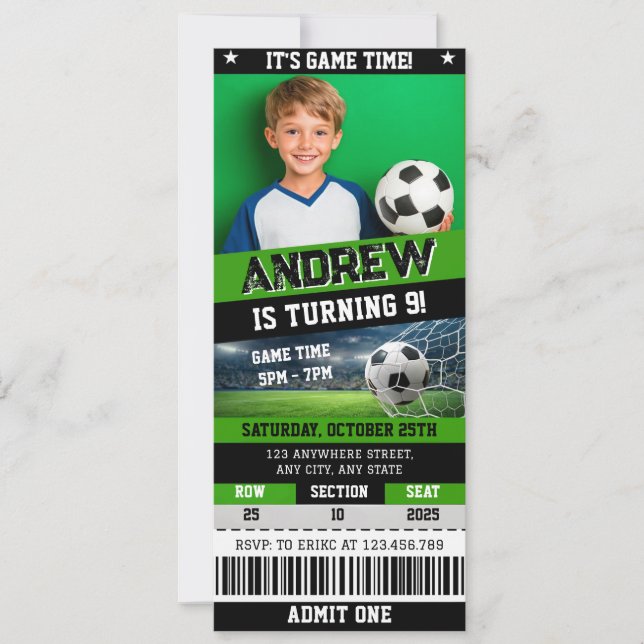 Personal Digital Soccer Ticket Birthday Invitation Inbjudningar (Framsida)