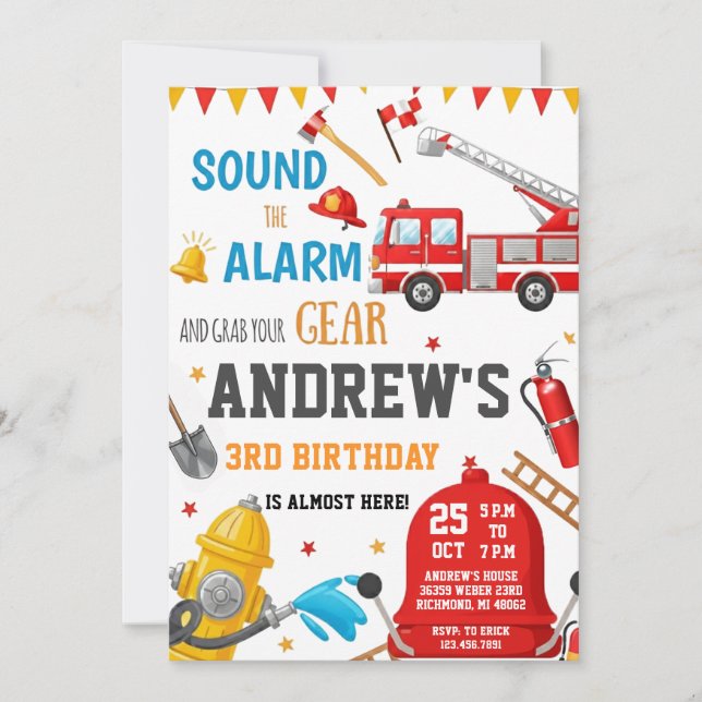 Personal FireFigher truck Birthday Custom image Inbjudningar (Framsida)
