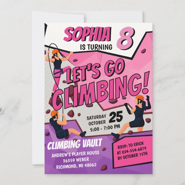 Personal Girls Rock Climbing Birthday Invitation Inbjudningar (Framsida)
