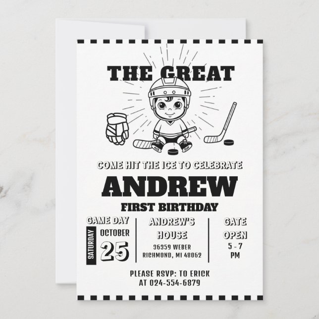 Personal Hockey Theme First Birthday Invitation Inbjudningar (Framsida)