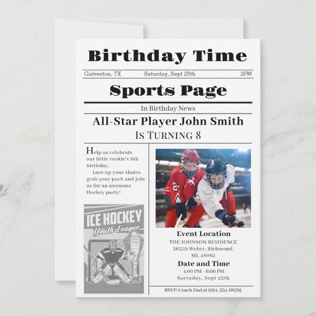 Personal Ice Hockey Birthday Invitation With Photo Inbjudningar (Framsida)
