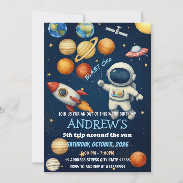 Personal Kids Rymden Astronaut Birthday Inbjudningar (Framsida)