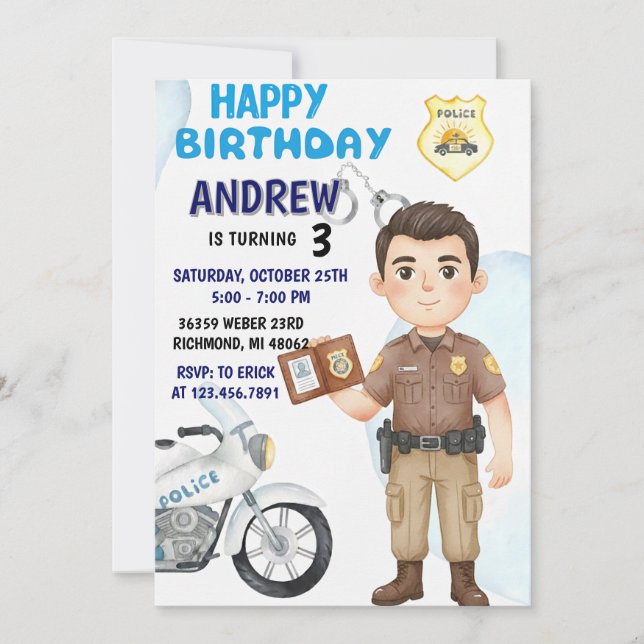 Personal Modern Cop Party birthday invitation Inbjudningar (Framsida)