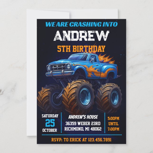 Personal Monster Truck Kids Party Birthday Inbjudningar (Framsida)