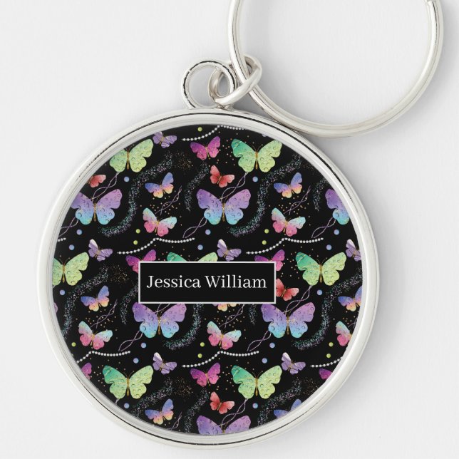 Personal Namn Elegant Lila Bright Butterflies Ke Rund Silverfärgad Nyckelring (Framsidan)