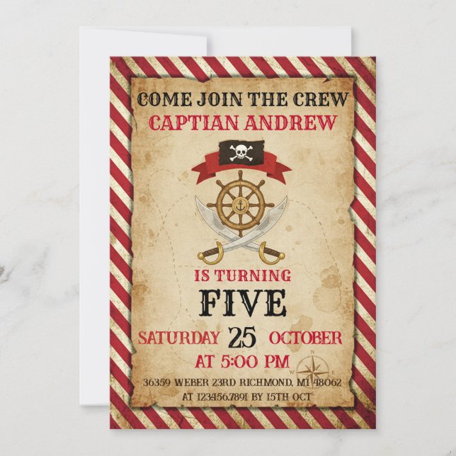 Personal Pirate Birthday Party Invitation Card Inbjudningar (Framsida)