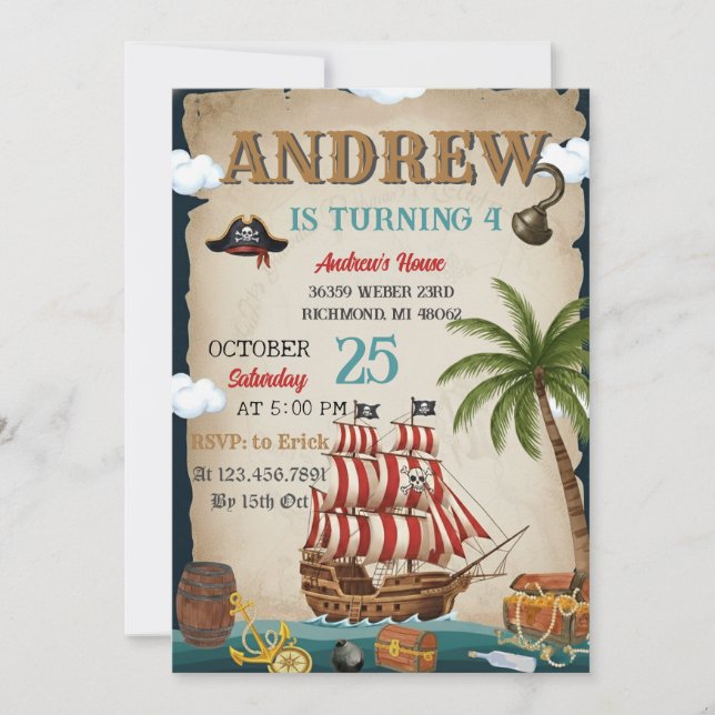Personal Pirate Birthday Party Invitation Card Inbjudningar (Framsida)