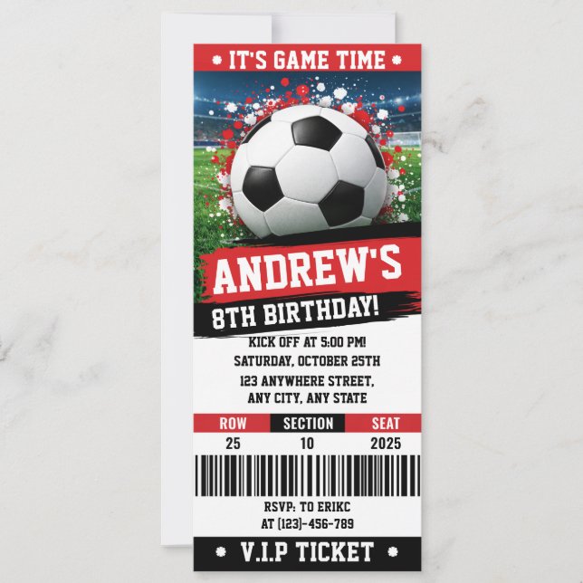 Personal Red theme Soccer Ticket Birthday Inbjudningar (Framsida)