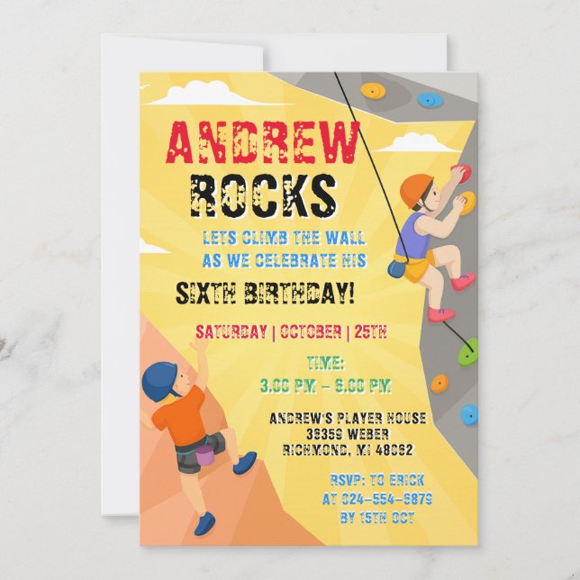 Personal Rock Climbing Birthday Invitation Inbjudningar (Framsida)