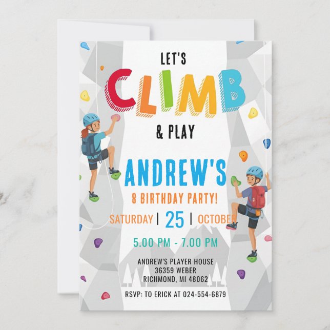 Personal Rock Climbing Birthday Party Invitation Inbjudningar (Framsida)