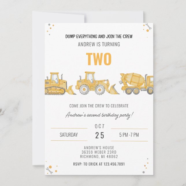 Personal Simple Construction Birthday Party Invita Inbjudningar (Framsida)