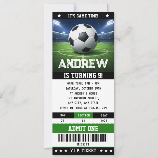 Personal Soccer game Ticket Birthday Invitation Inbjudningar (Framsida)