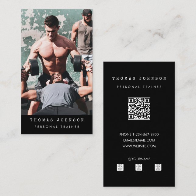 Personal Trainer Fitness Photo QR Code Black Visitkort (Fram/baksida)