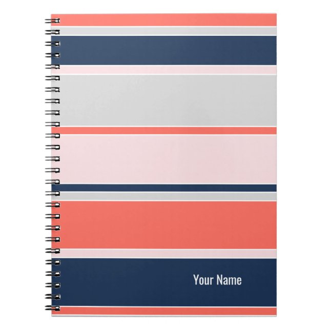 PERSONALISE Pink and Navy Modern Stripe Pattern Anteckningsbok (Framsidan)