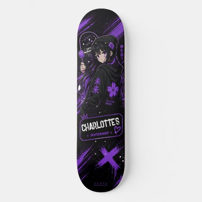 Personalised Anime Purple and Black Skateboard  (Framsida)