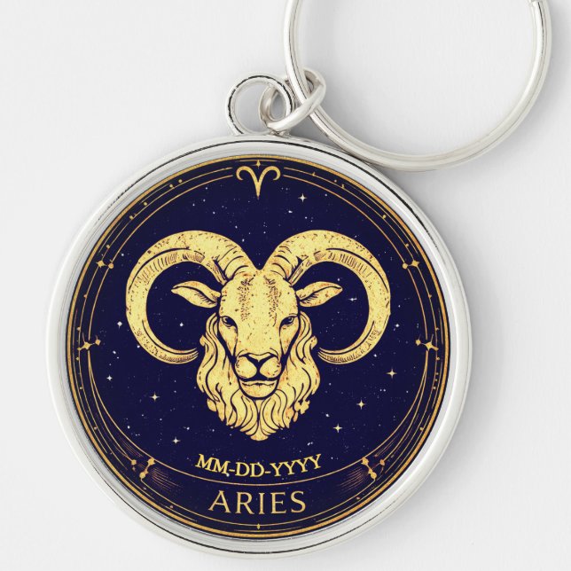 Personalised Aries Zodiac Keychain with Birth Date Rund Silverfärgad Nyckelring (Framsidan)