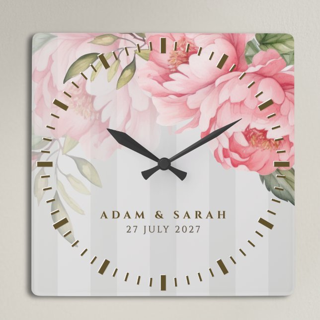 Personalised Blush Peony Wedding Gift for Couple Fyrkantig Klocka (Skapare uppladdad)