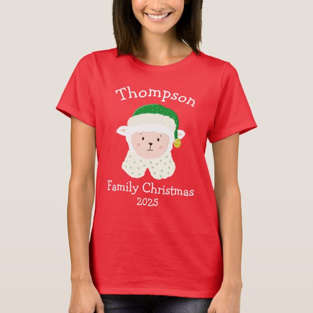 Personalised Christmas Baby Sheep Wearing Elf Hat T Shirt (Framsida)
