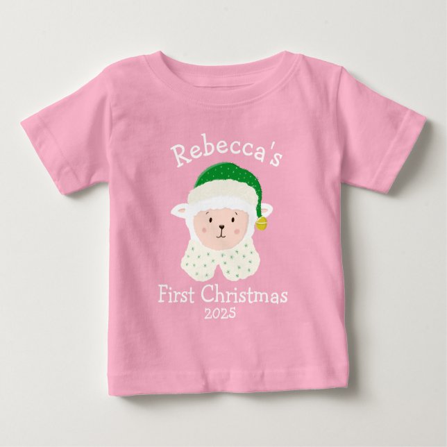 Personalised Christmas Baby Sheep Wearing Elf Hat T Shirt (Framsida)