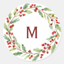 Personalised Christmas Monogram Red-Berry Wreath Runt Klistermärke