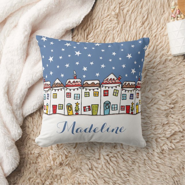 Personalised Christmas Street Snow Scene Cushion Kudde (Filt)