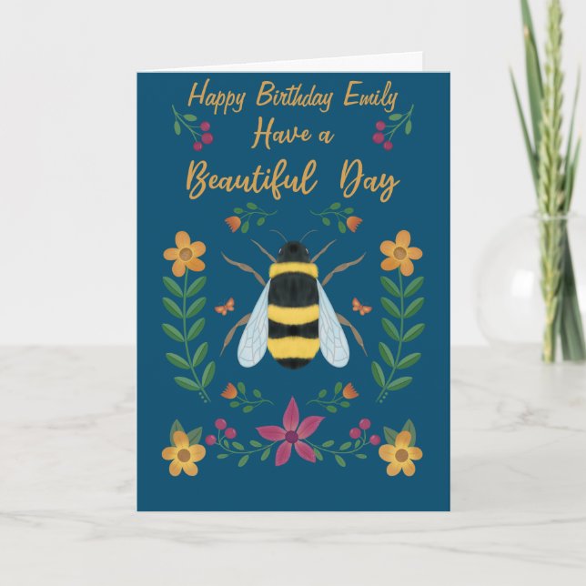 Personalised Cute Bee Happy Birthday Card for her  Kort (Framsida)