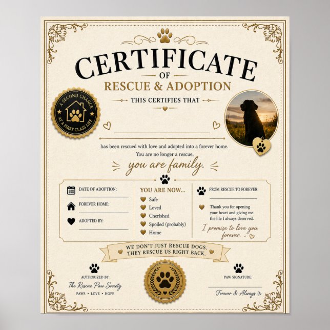 Personalised Dog Adoption Certificate Gift Poster (Framsidan)