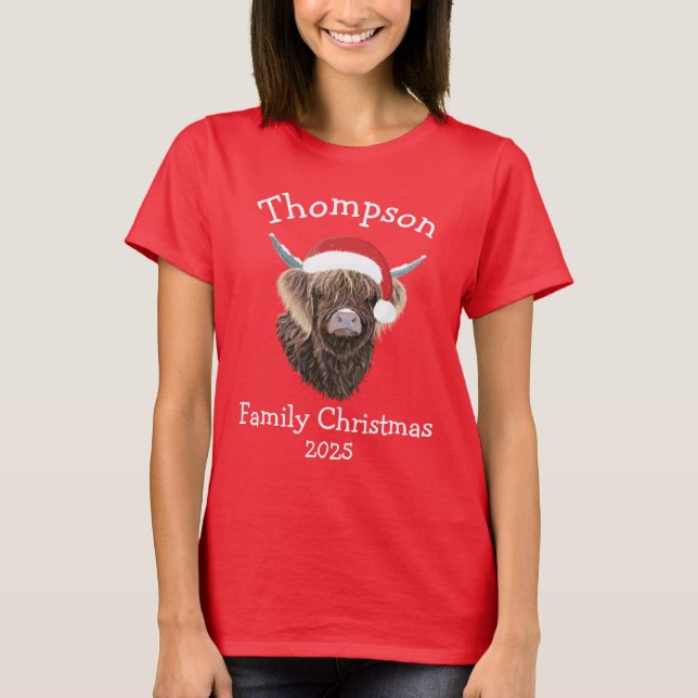 Personalised Family Christmas Highland Cow T Shirt (Framsida)
