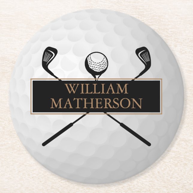 Personalised Gold and Black Golf Ball Classic Underlägg Papper Rund (Framsidan)