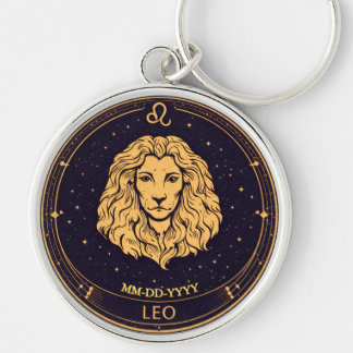 Personalised Leo Zodiac Keychain with Birth Date Rund Silverfärgad Nyckelring