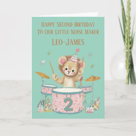 Personalised Lion Playing Drums 2nd Birthday Card Kort