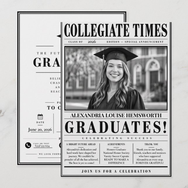 Personalised Newspaper Graduation Invitation 2026 Inbjudningar (Fram/baksida)